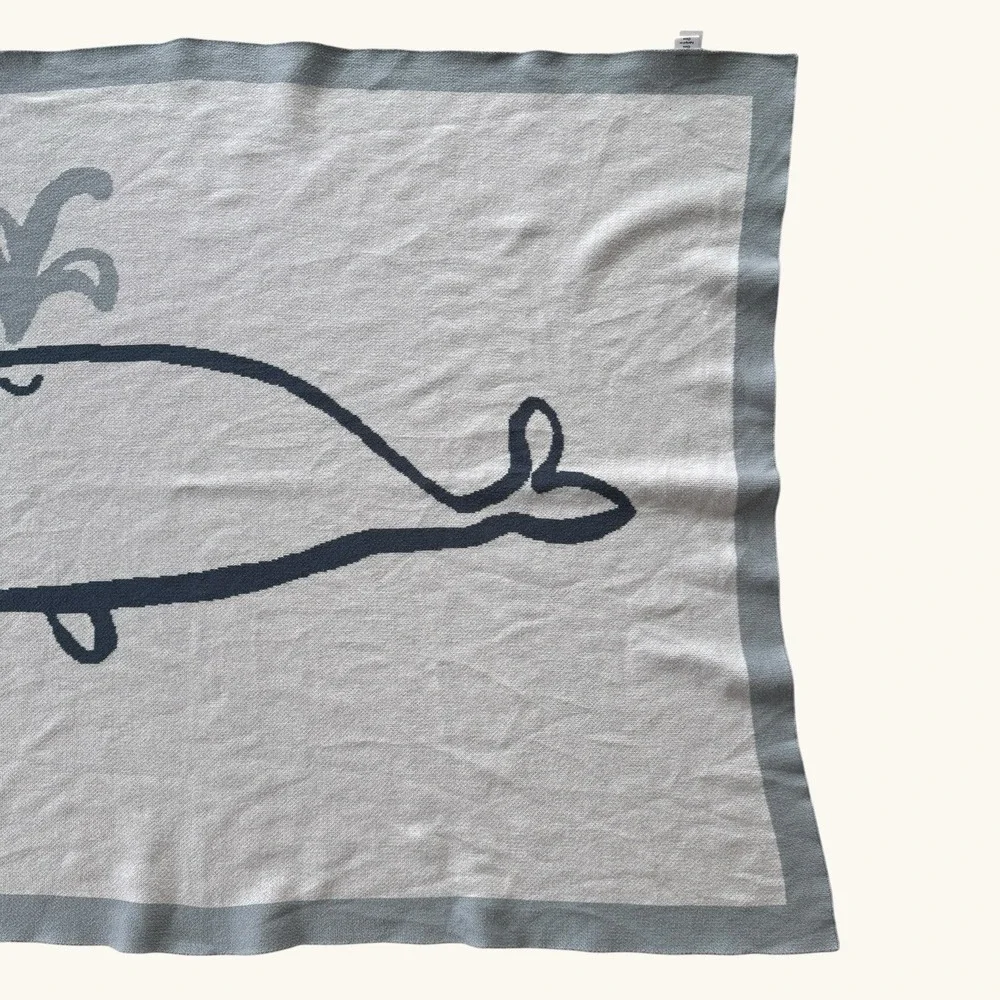 Nordstrom Whale Baby Blanket Blue‎ Gray Cotton Knit Nautical One Size 37.5x28.5